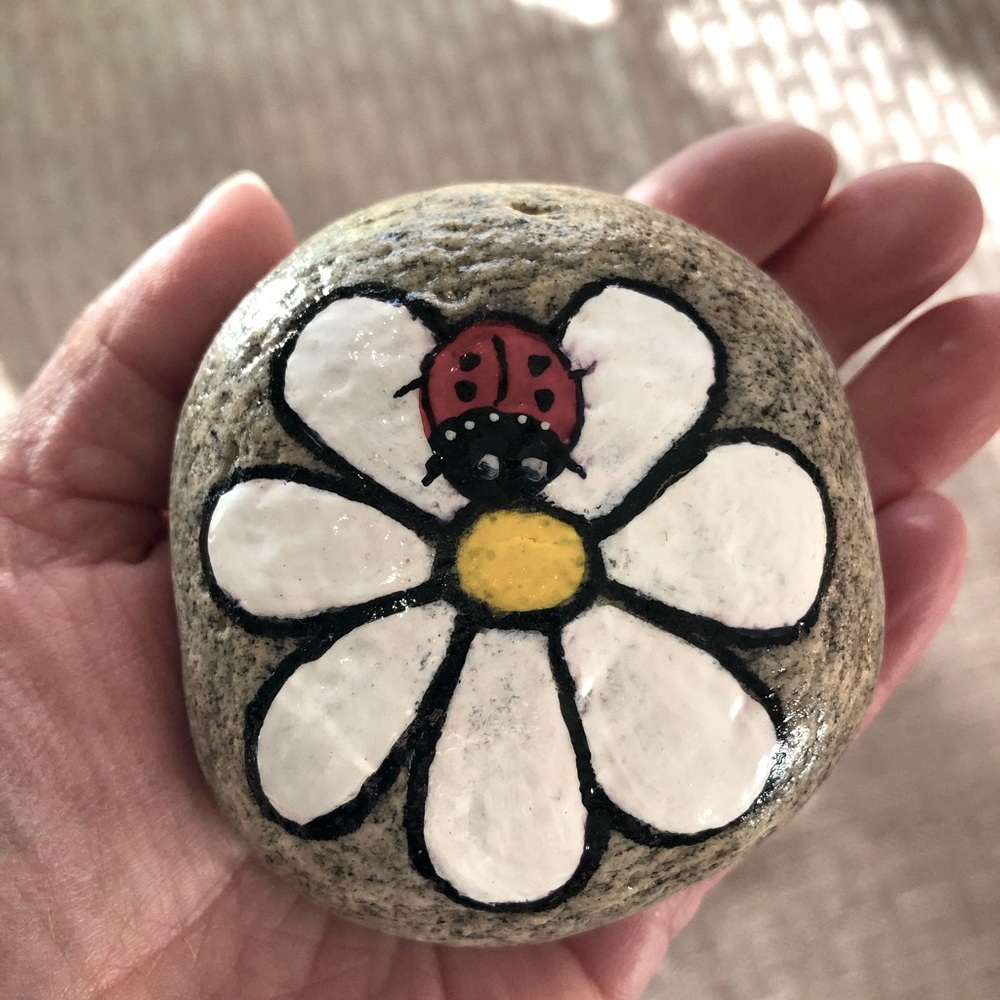 HAND PAINTED LADYBUG DAISY ROCK